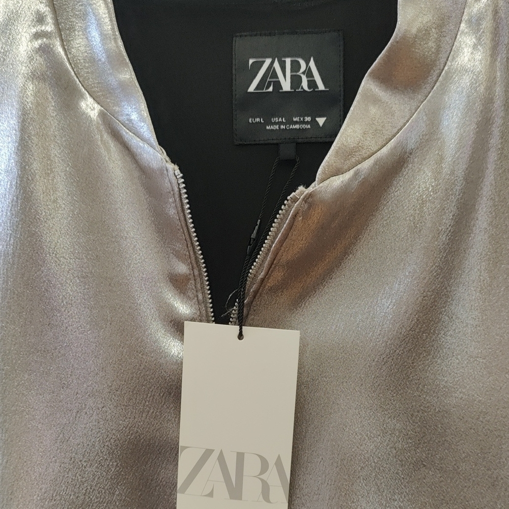 ZARA Metallic Silver Bomber Jacket - Women's Shimmer Finish - Picture 2 of 6
